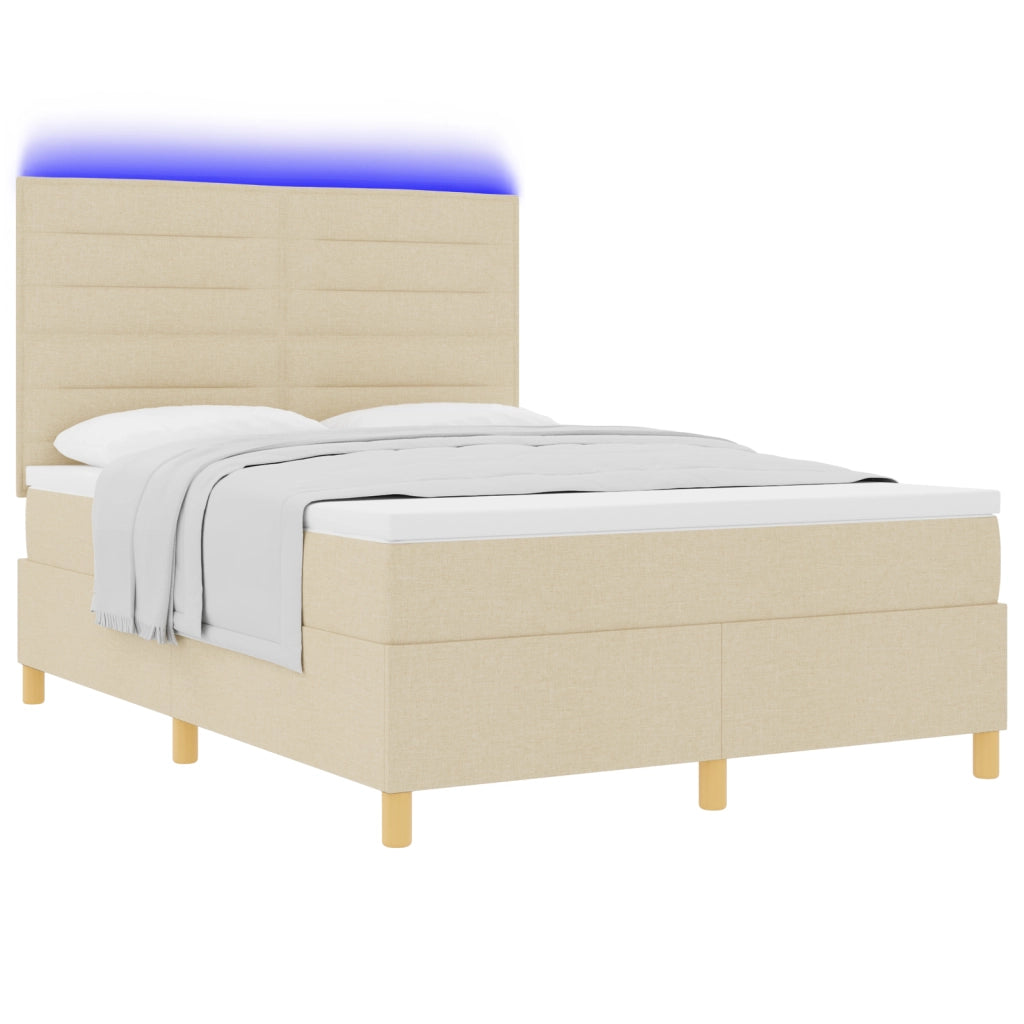 Letto Box Spring con Materasso e LED Crema 140x190 cm Tessuto
