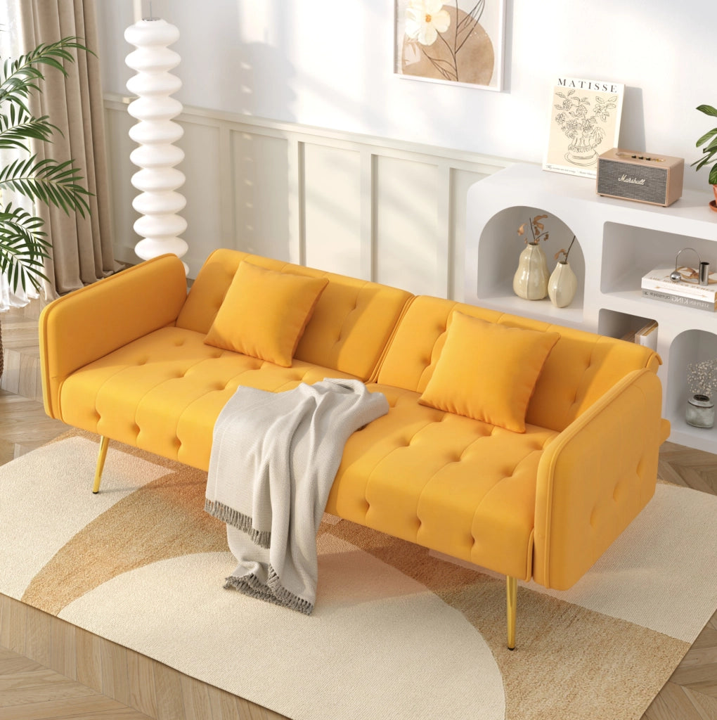 Divano letto a 2 posti convertibile con schienale e braccioli regolabili; 215x81;5 cm; velluto giallo