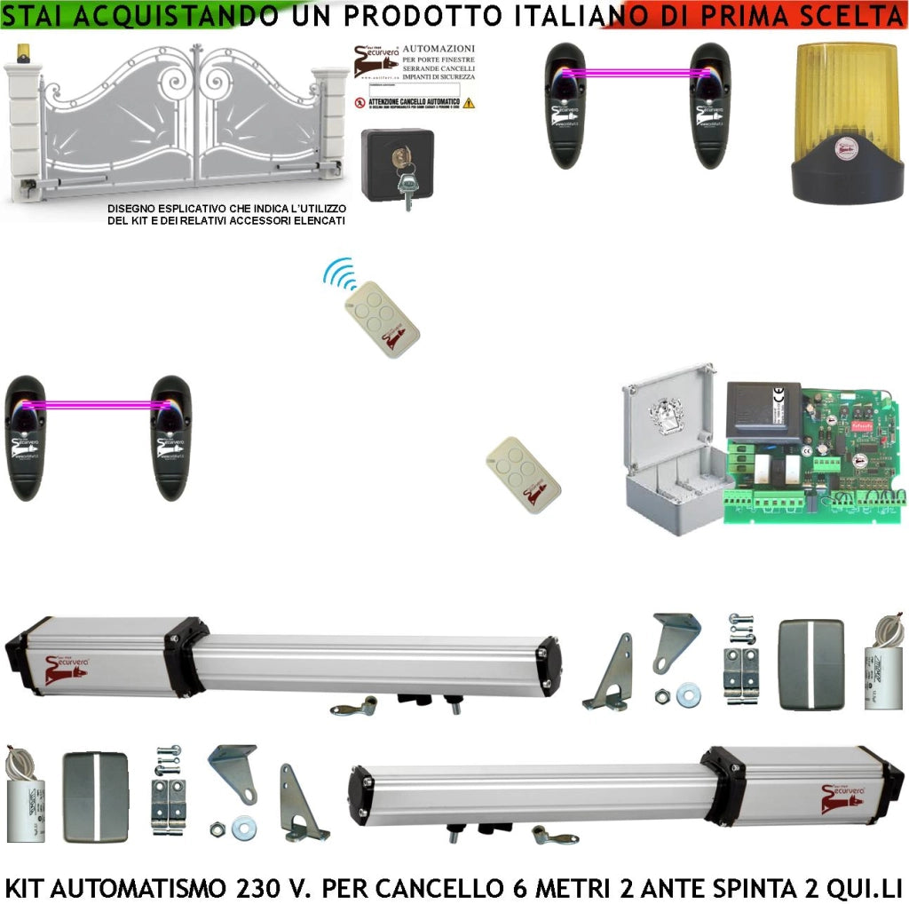 Automatismo Cancello 6 Metri 2 Ante Kit Base Motori Elettromeccanici 230 V Corsa 500 mm Spinta 2 Q.li Centrale con Radio 2 Coppie di Fotocellule 2 Radiocomandi Faro 2 Chiavi Sblocco Cartello Monitore