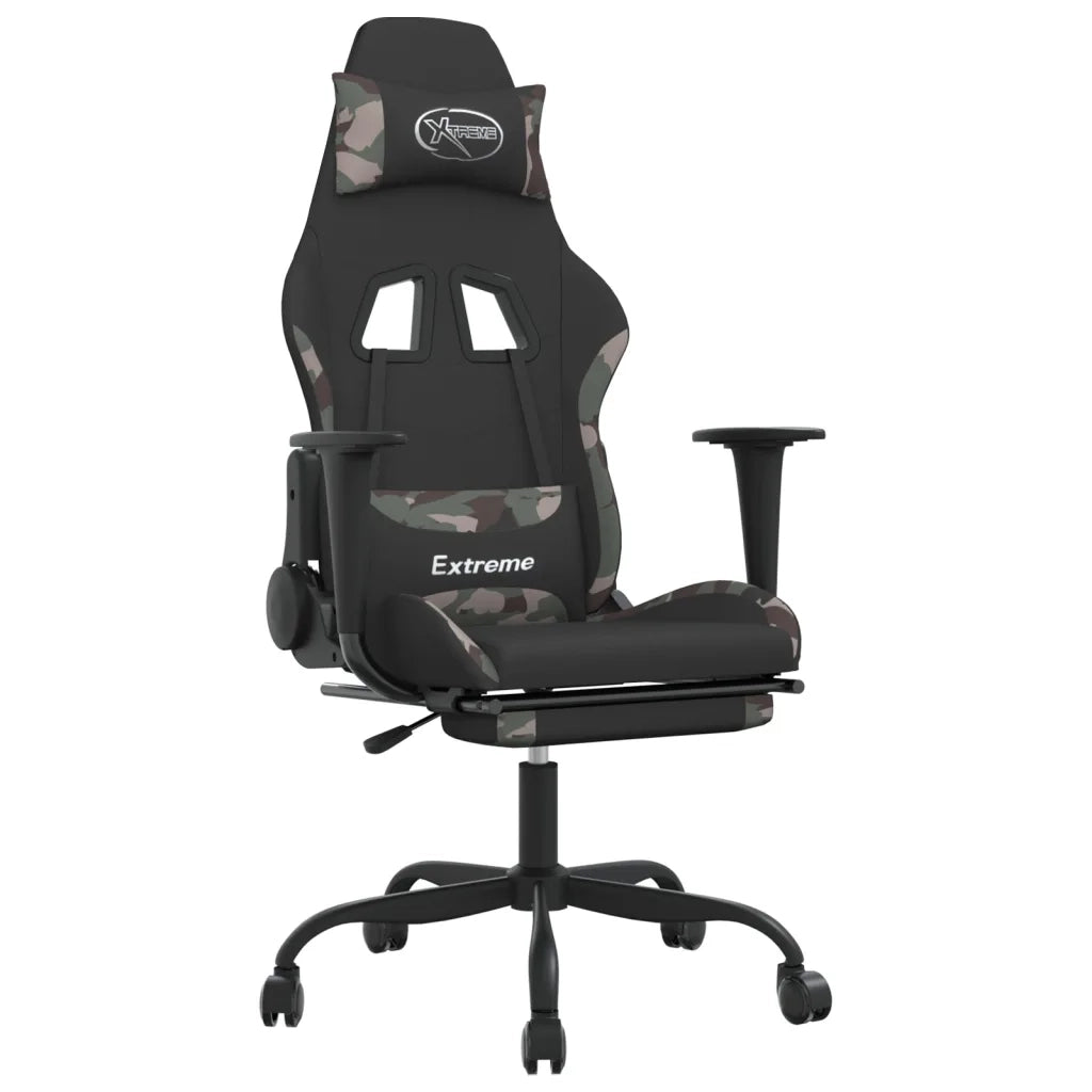 vidaXL Sedia da Gaming Massaggi Poggiapiedi Nero e Mimetico in Tessuto