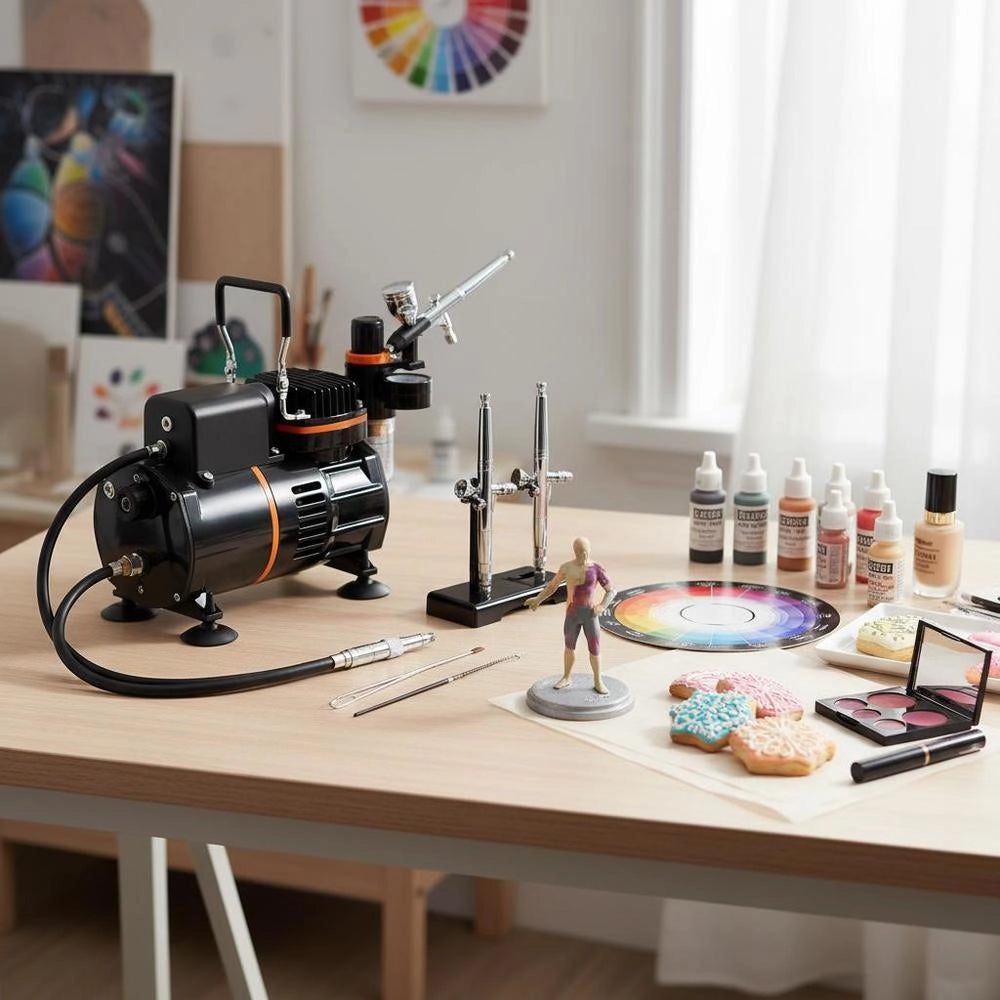Airbrush Set, Air Compressor With Double Fan, Professional Airbrush System Set With 3 Airbrushes, Holder, Paint Mixing Wheel, Cleaning Brush Set, Airbrush Set For Art, Nails, Cookies, Make-up, Etc.