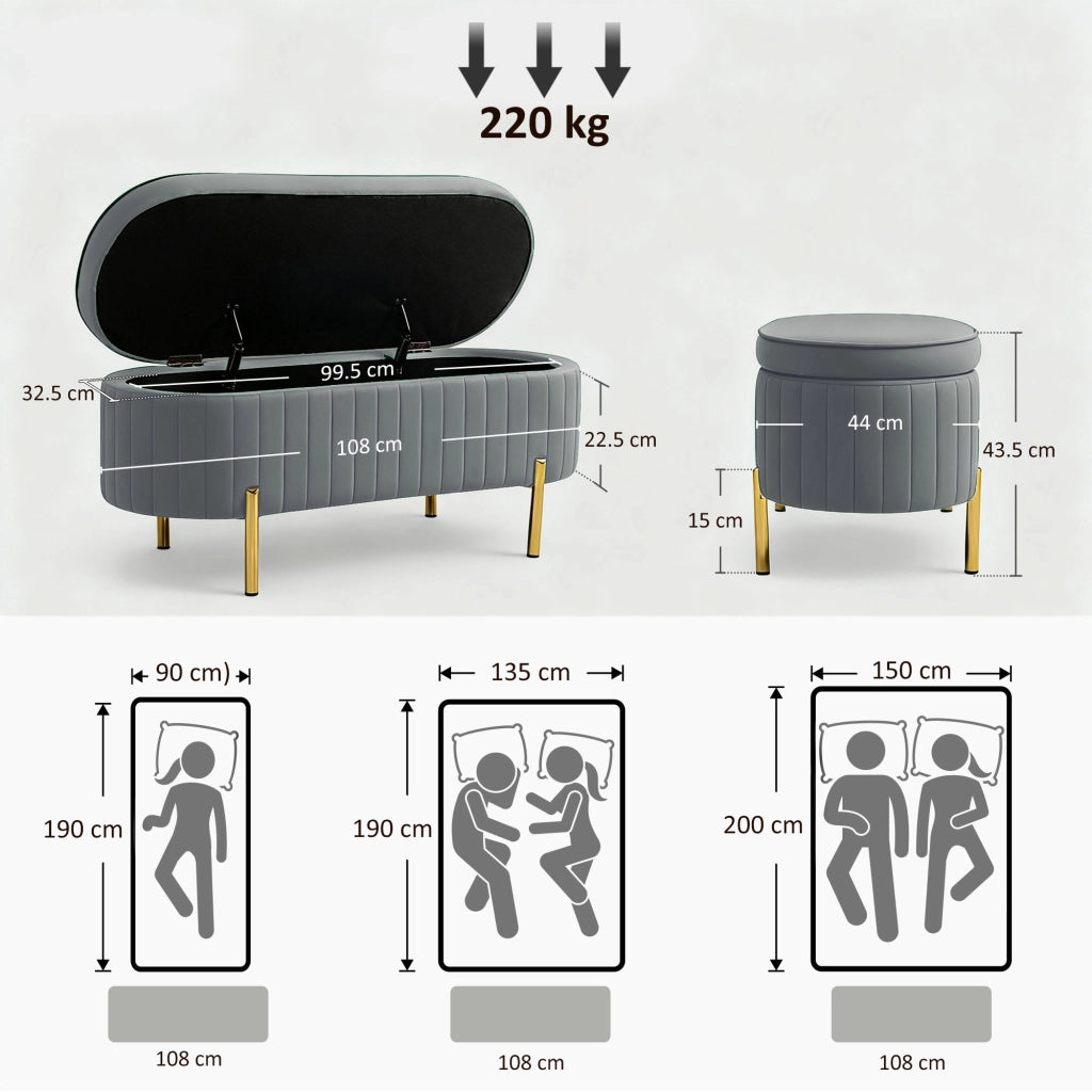 Letto Contenitore a Panca Ovale con Coperchio ¨C zephmum ¨C 108x44x43.5 cm Grigio Tessuto Velluto Legno