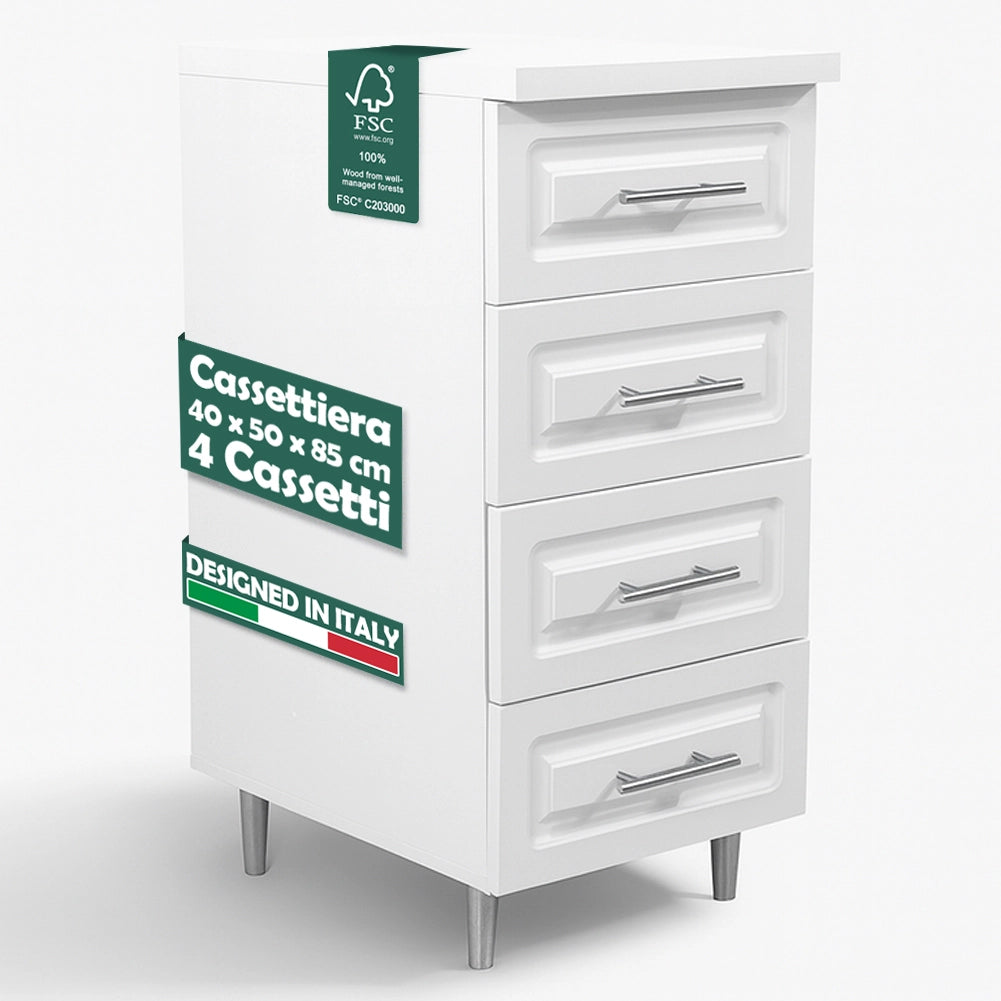 Cassettiera per Cucina Mobile Design Boiserie 4 Cassetti in Legno Colore Bianco