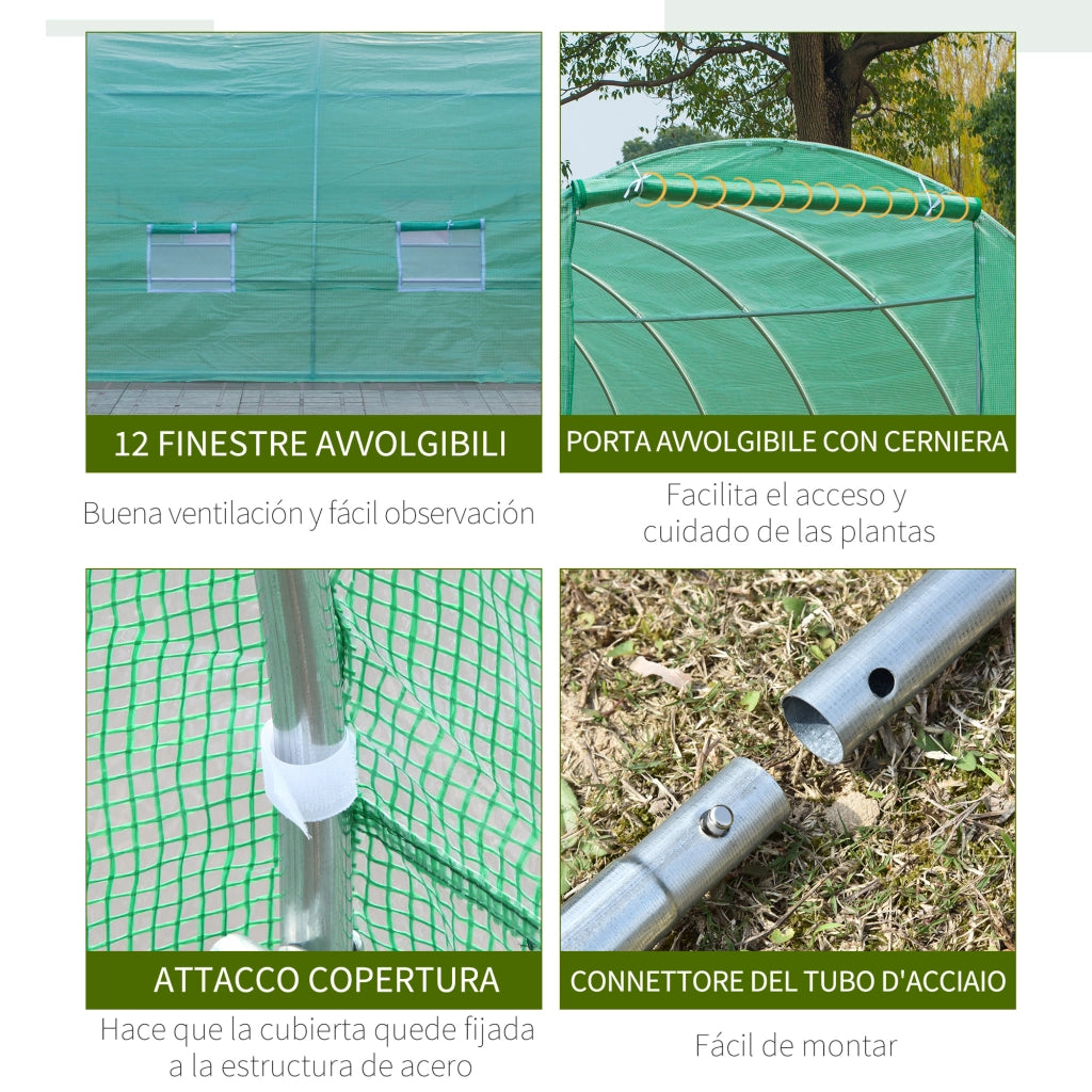 Serra da Giardino a Tunnel 8x3x2 m con Porte Avvolgibili e 12 Finestre, Serra per Orto con 4 Rinforzi Diagonali, Struttura in Acciaio e Copertura PE, per Orto Verdure Fiori Frutta, Verde
