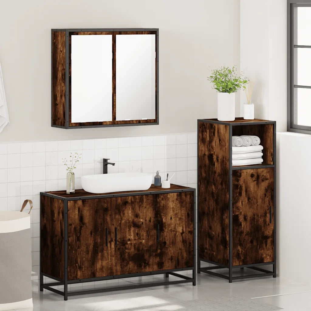 Set Mobili da Bagno 3 pz Rovere Fumo in Legno Multistrato 3300952