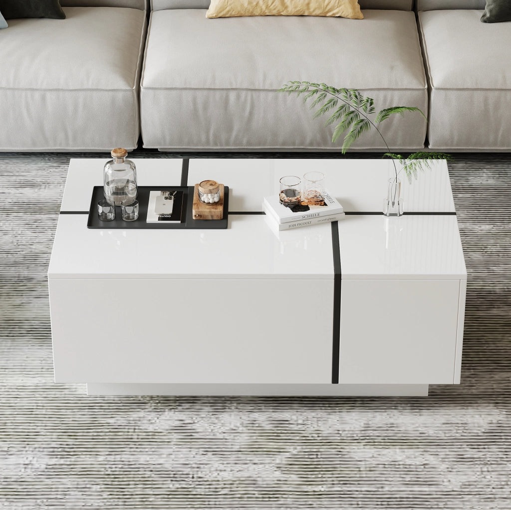 Tavolino da caffè moderno 100x60x40 cm in truciolare bianco e nero; 4 cassetti; piano lucido