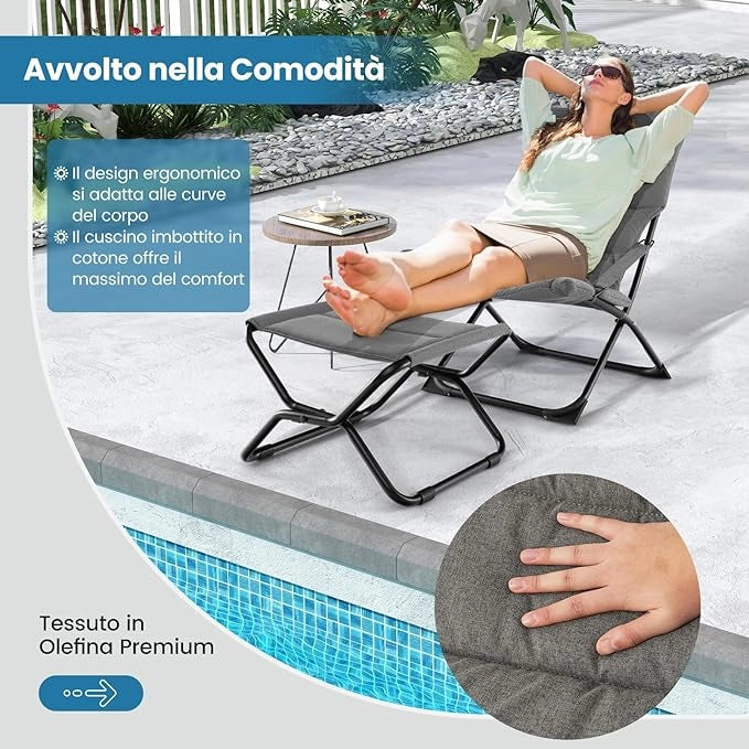 Sedia da Giardino con Poggiapiedi, Sedia a Sdraio Pieghevole, con Cuscino Rimovile, Sedia Reclinabile da Spiaggia, Sedia Portatile da Esterno, Portata 110 kg