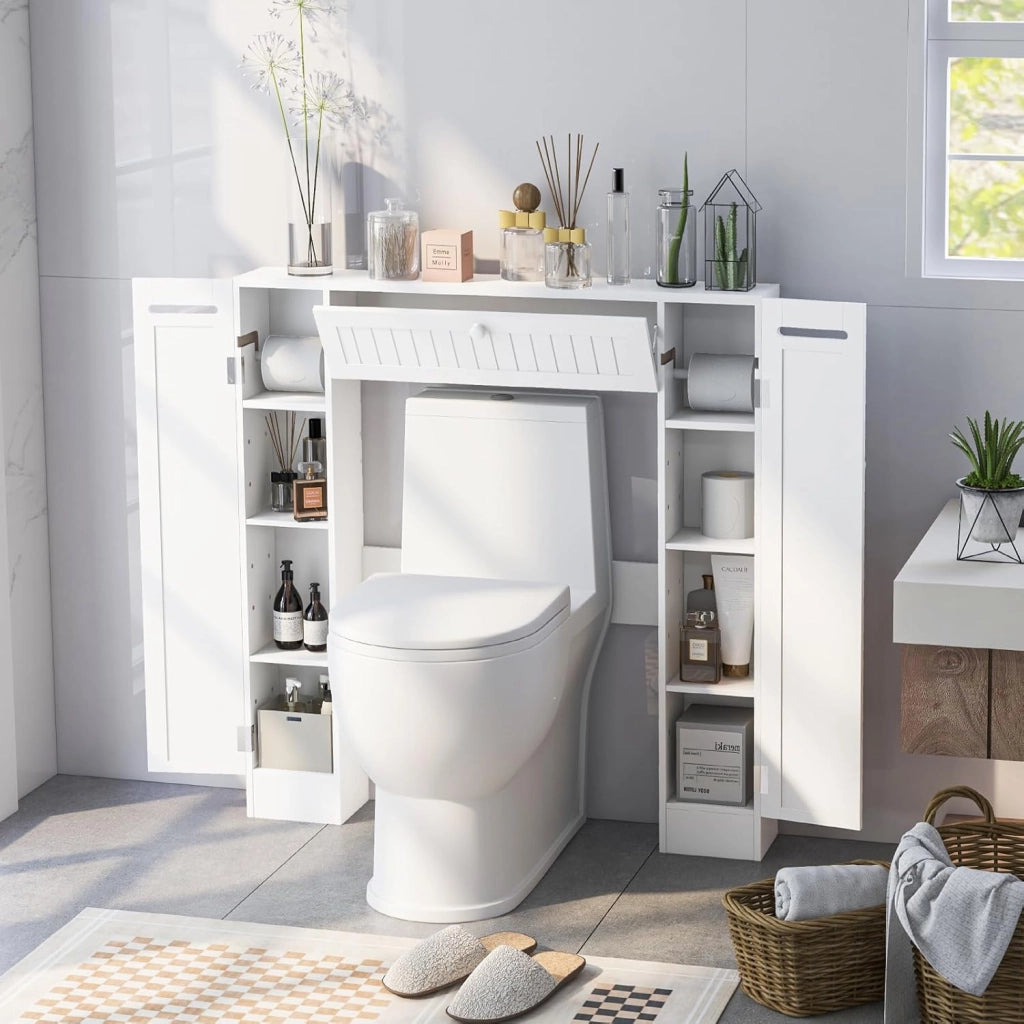 Mobile Sopra WC, Mobile per Bagno con Ripiani Regolabili Portarotolo per Carta Igienica e Anta Ribaltabile, Ideale per Bagno Lavanderia, 89x19,5x99 cm (Bianco)