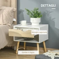 Set di 2 Comodini Moderni con Cassetto e Mensola, Base Rialzata e Gambe in Legno, 50x39x51cm, Bianco e Rovere