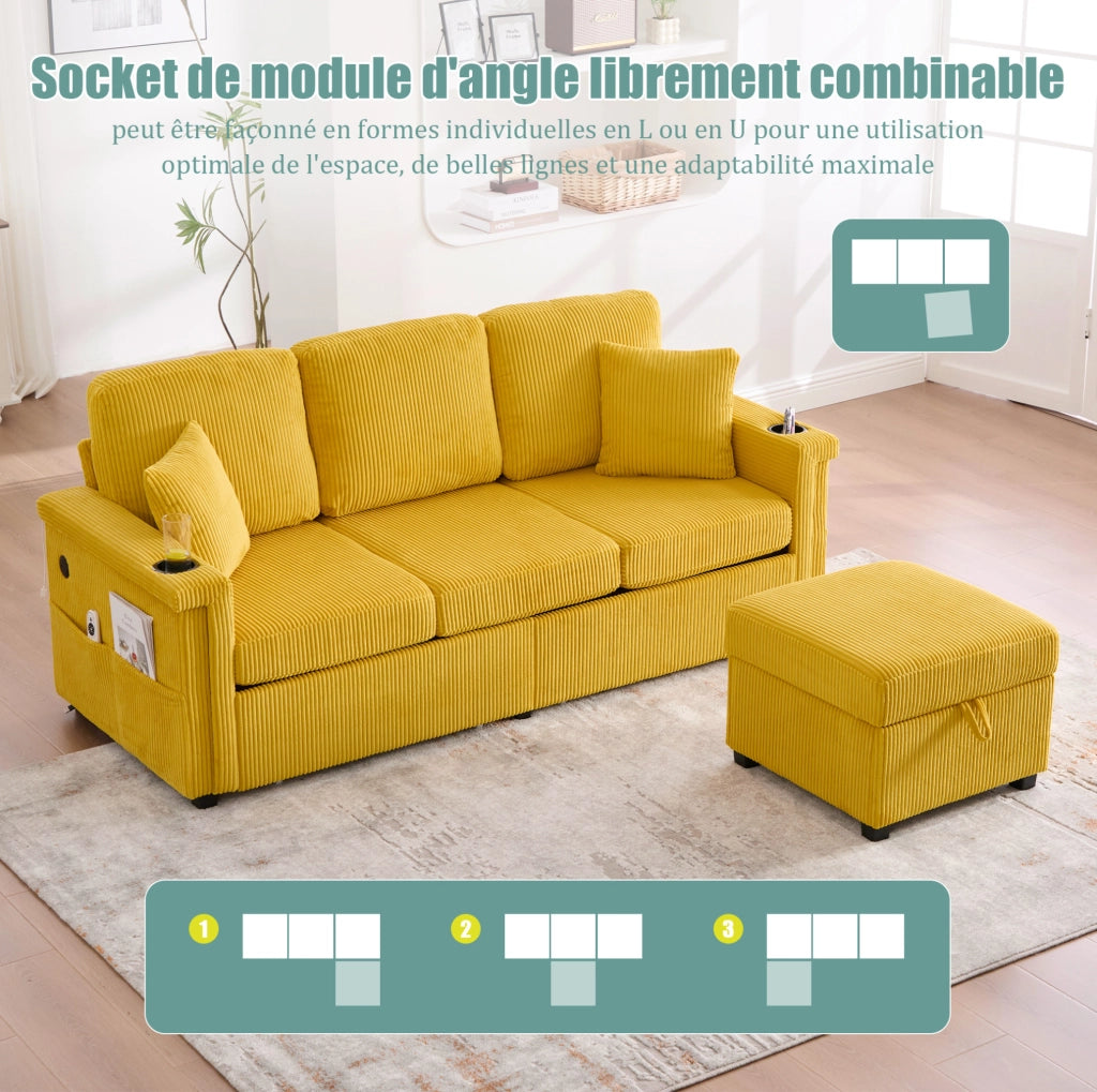 Divano in velluto a coste giallo senape con LED; USB/Type-C; portabevande e vano contenitore
