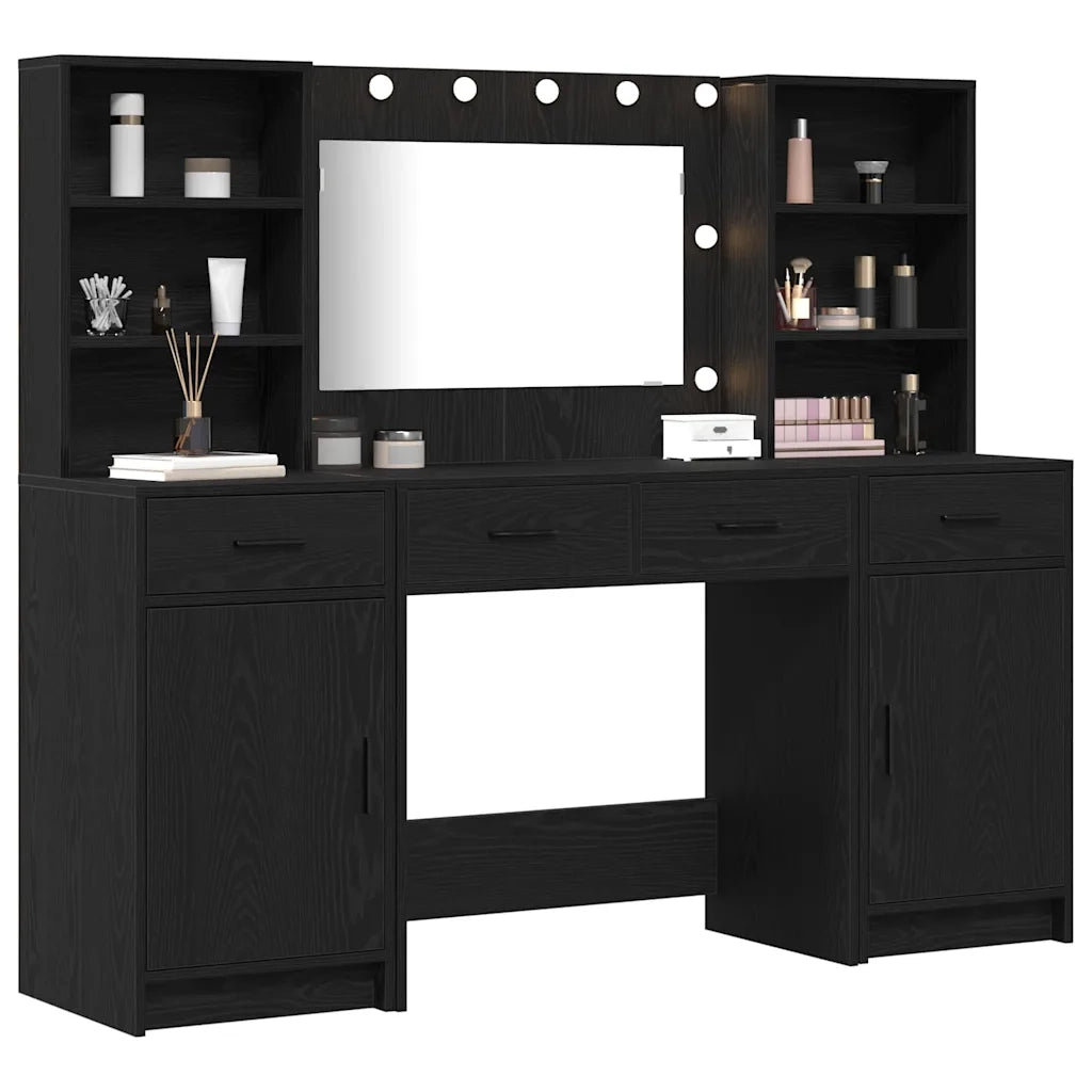 Set da Toeletta | Tavolo da Trucco con LED con cassetto 3 pz Rovere Nero