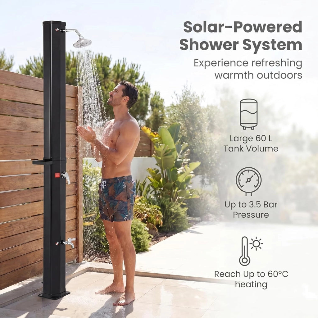 SOARS Doccia Solare da Giardino 60 L, 277 cm Doccia da Esterno con Copertura Protettiva, Soffione 360° e Rubinetto per Piedi, Max. 60 °C, per Piscina e Spiaggia