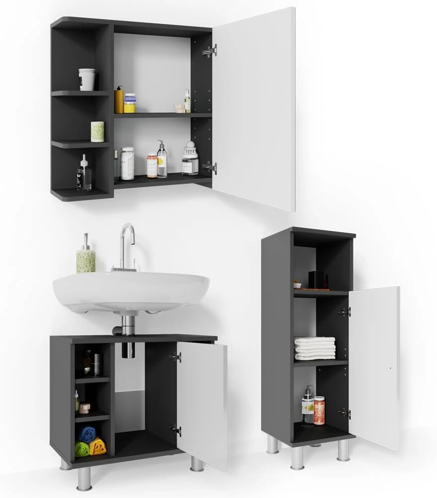 Set mobili bagno Fynn, Antracite, 60 cm, composto da mobile sottolavabo, specchiera e mobile medio