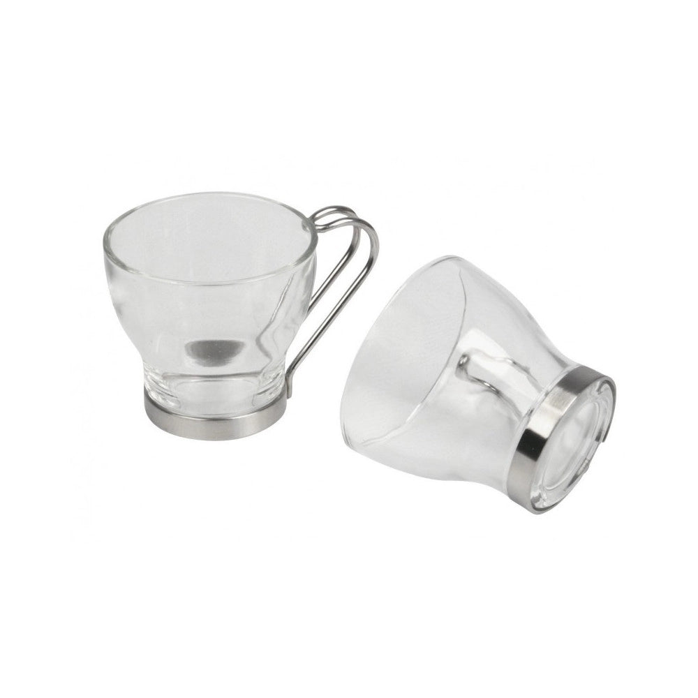 Trade Shop - 6 Tazzine 100ml Tazza Caffe' In Vetro Con Manico Acciaio Bicchiere Espresso Bar -
