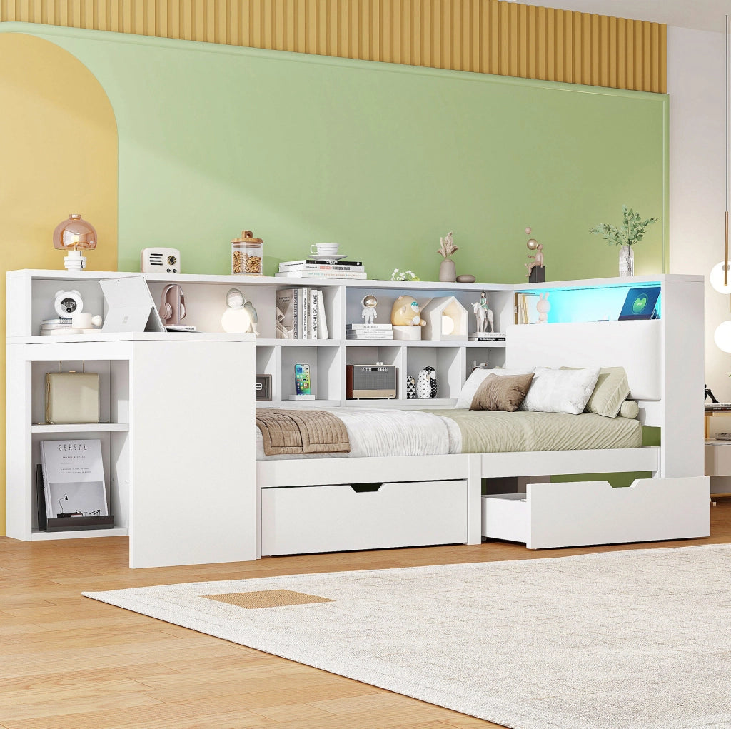 Letto a piattaforma 90x200 cm con scrivania; libreria e LED bianco