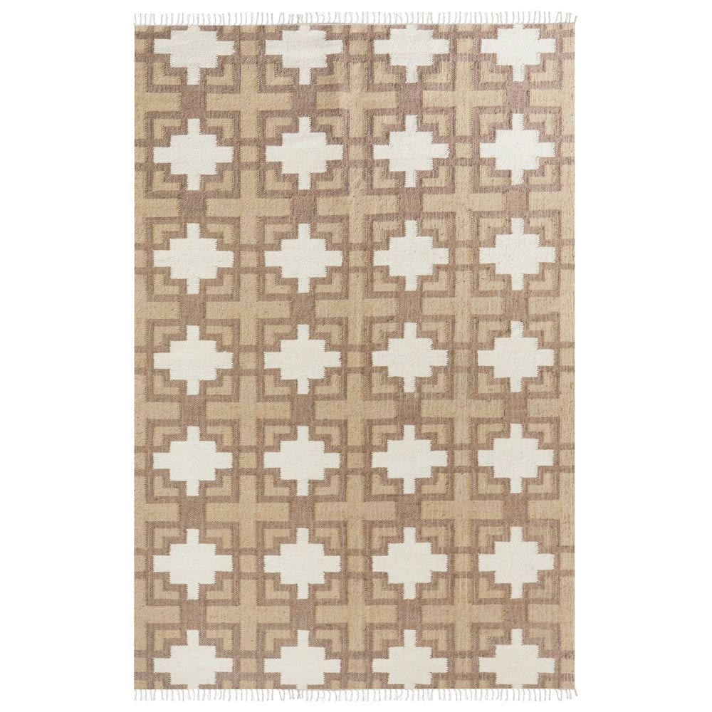 Tappeto in iuta intrecciata di cotone naturale beige con nappe a motivo geometrico 200 x 300 cm stile boho soggiorno camera da letto