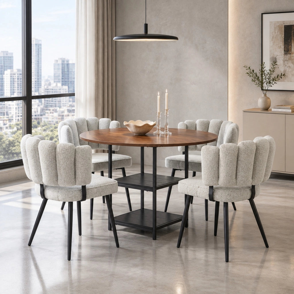Set tavolo e sedie da pranzo 107 cm effetto noce, 4 sedie bouclé
