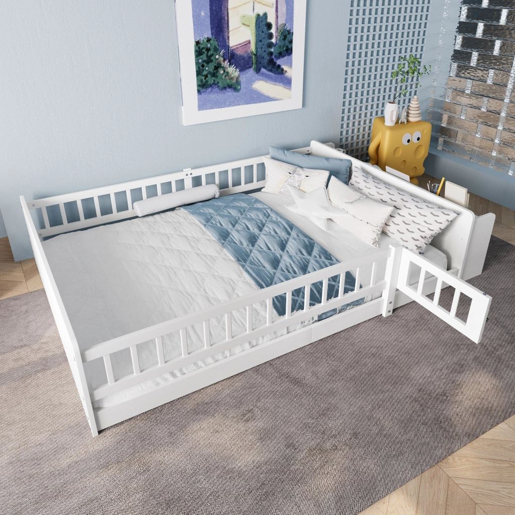 Letto per bambini bianco in pino con spazio di stoccaggio aperto e cassetti integrati 140x200 cm