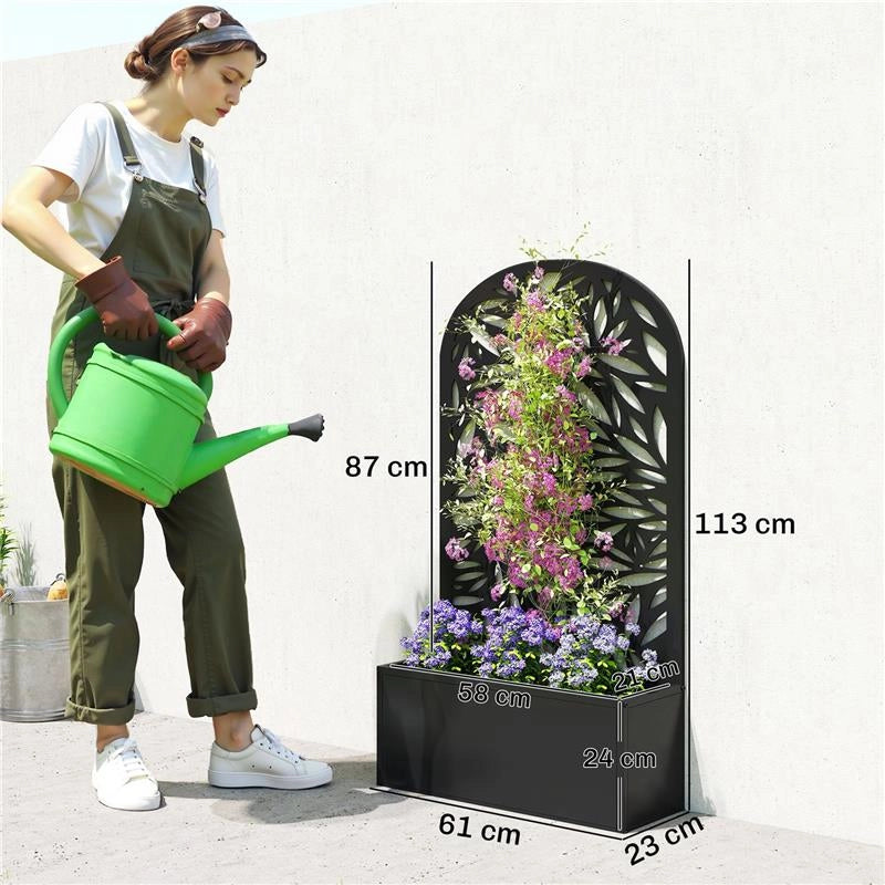 FIORIERA CON TRALICCIO AD ARCO PER RAMPICANTI E FORI DI DRENAGGIO, IN METALLO, 61X23X113 CM, NERO