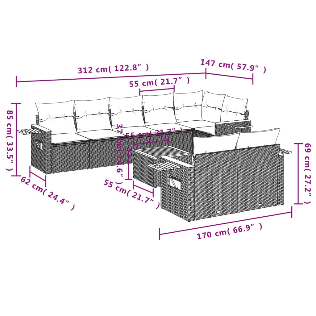Set Divano da Giardino 9 pz con Cuscini Grigio in Polyrattan 3259400