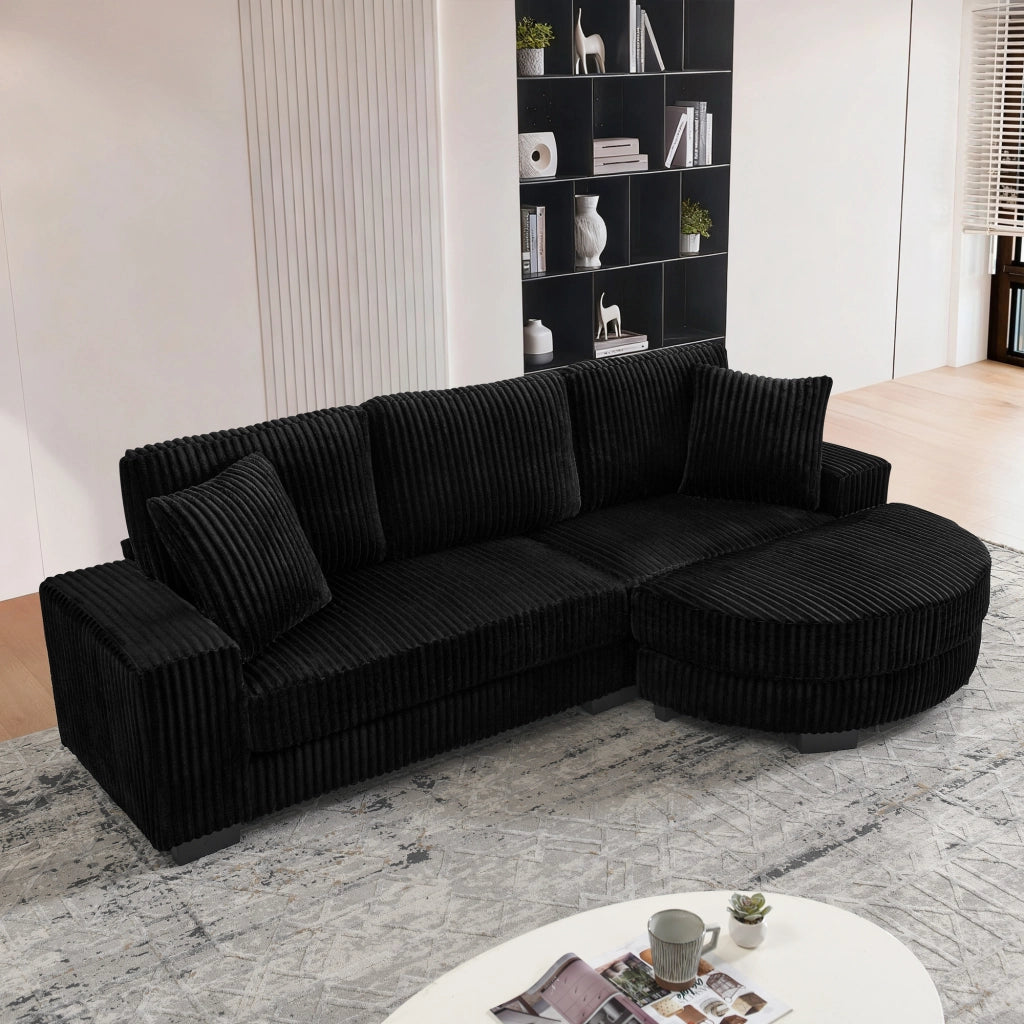 Divano angolare modulare in velluto a coste con pouf ovale reversibile e 2 cuscini nero 256,5 × 133,5 × 89 cm