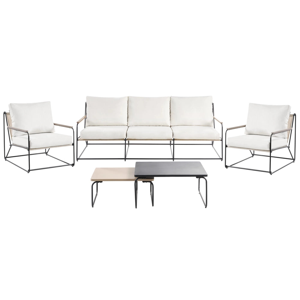 Set divani da giardino nero e beige in acciaio verniciato a polvere a 5 posti con poltrone Cuscini Due tavolini Set da esterno dal design moderno