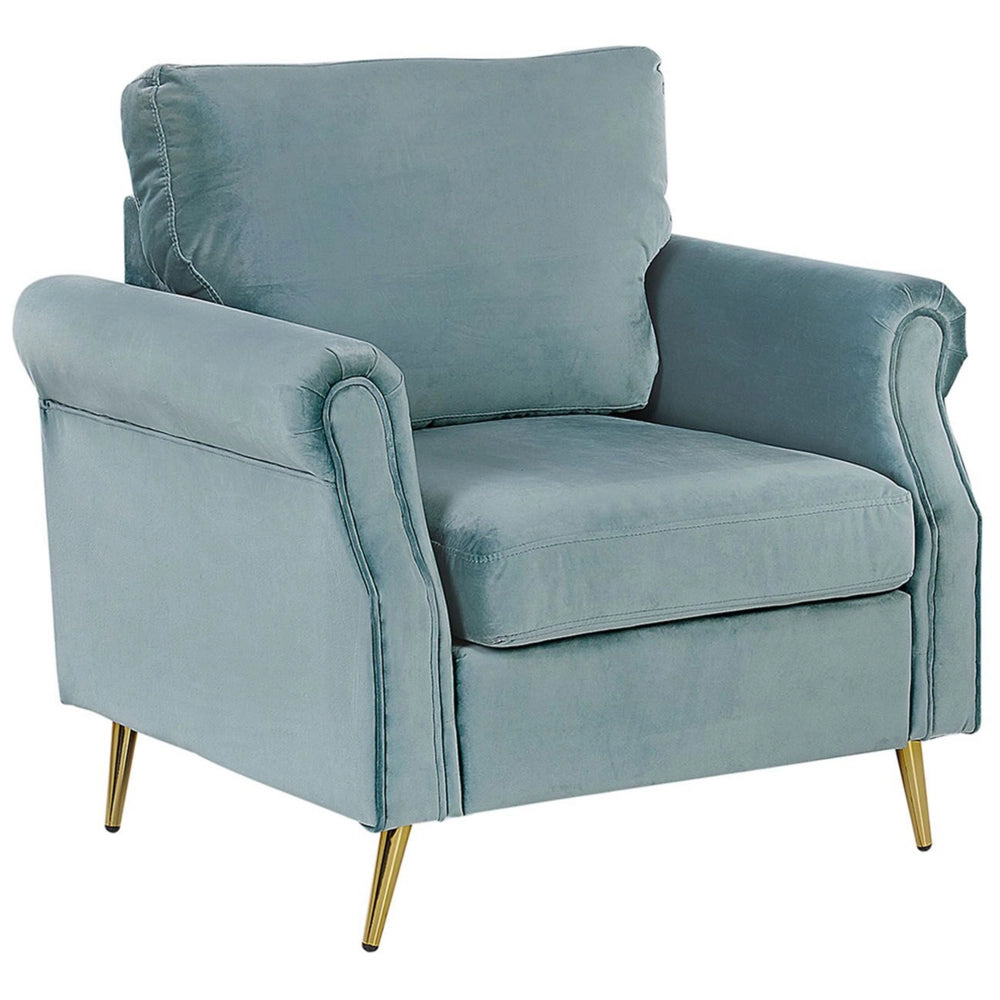 Poltrona Verde Menta Rivestimento Tessuto Velluto Gambe In Metallo dorato Cuscini Seduta E Schienale Sfoderabili Stile Retrò Glam
