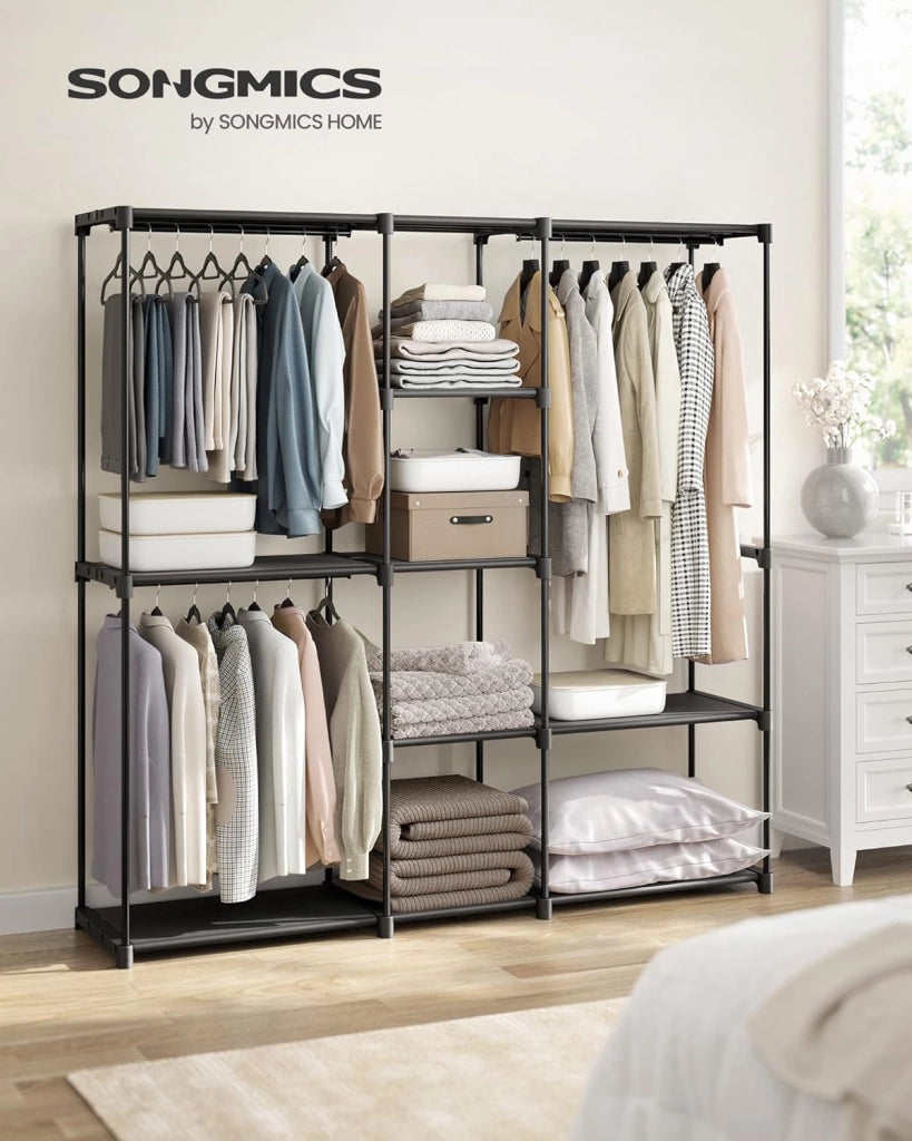 SONGMICS Armadio, Guardaroba Autoportante, con Barre Appendiabiti, Portabiti Ripiani in Tessuto, Struttura in Metallo, 182 x 43 x 182 cm, Nero Inchiostro RYG037B02