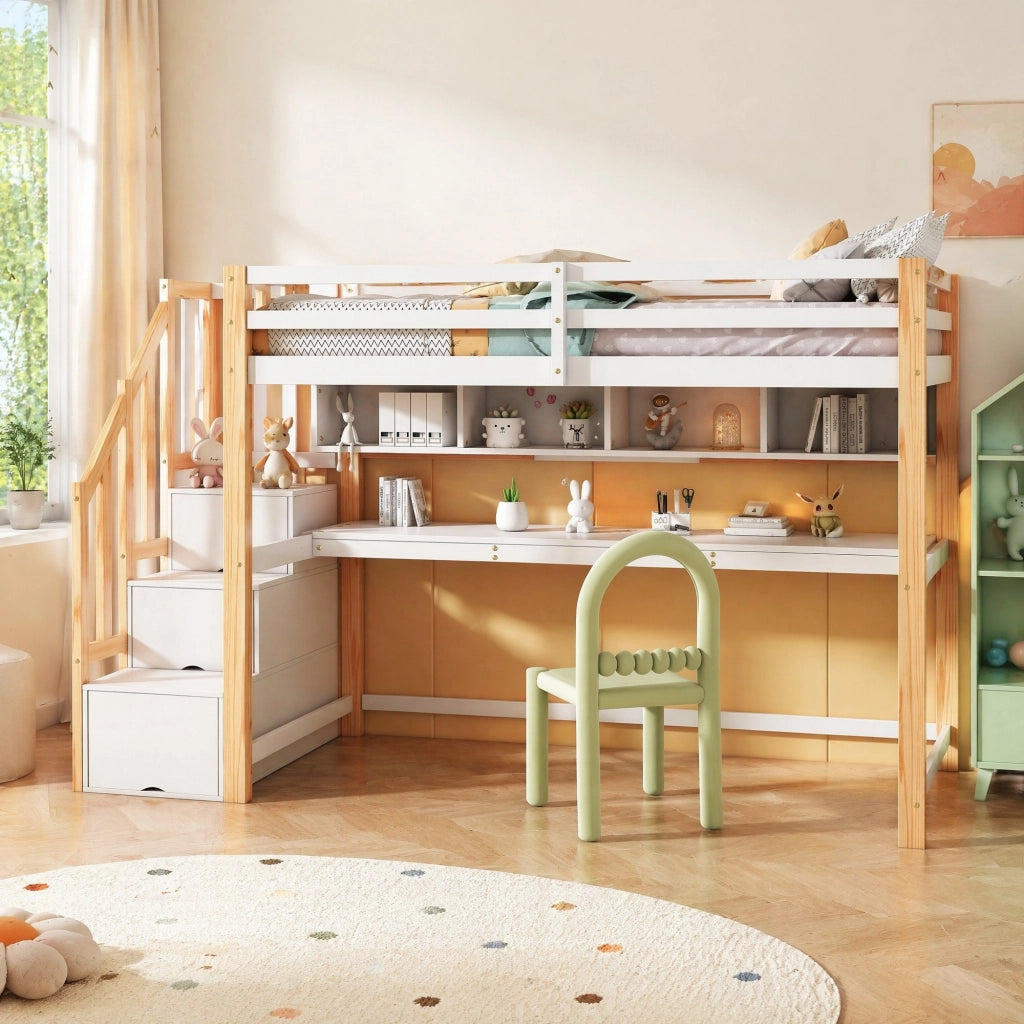 DESMIU Letto a Soppalco 1 Posto con Scala Contenitore, Scrivania e Mensole 90 × 200 cm, senza materasso, Bianco e Rovere