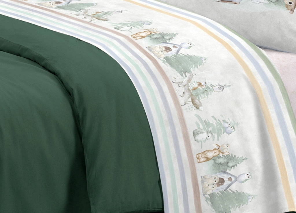 Completo Lenzuola Letto Pensieri Delicati 100% Cotone Disegno Gufi - Singolo - Verde