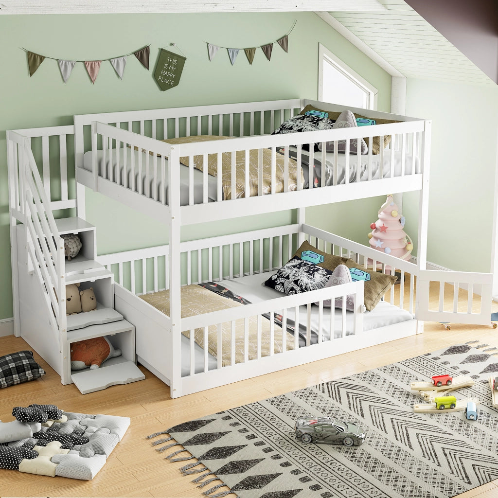 OKWISH Letto a Castello 140×200 cm, Letto Matrimoniale con Scala Contenitore, Cassetti e Sponde, senza Materasso, in Legno, Bianco
