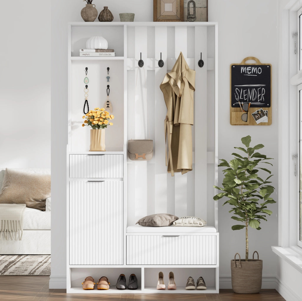 Guardaroba da ingresso 6 in 1 con panca e contenitore, bianco