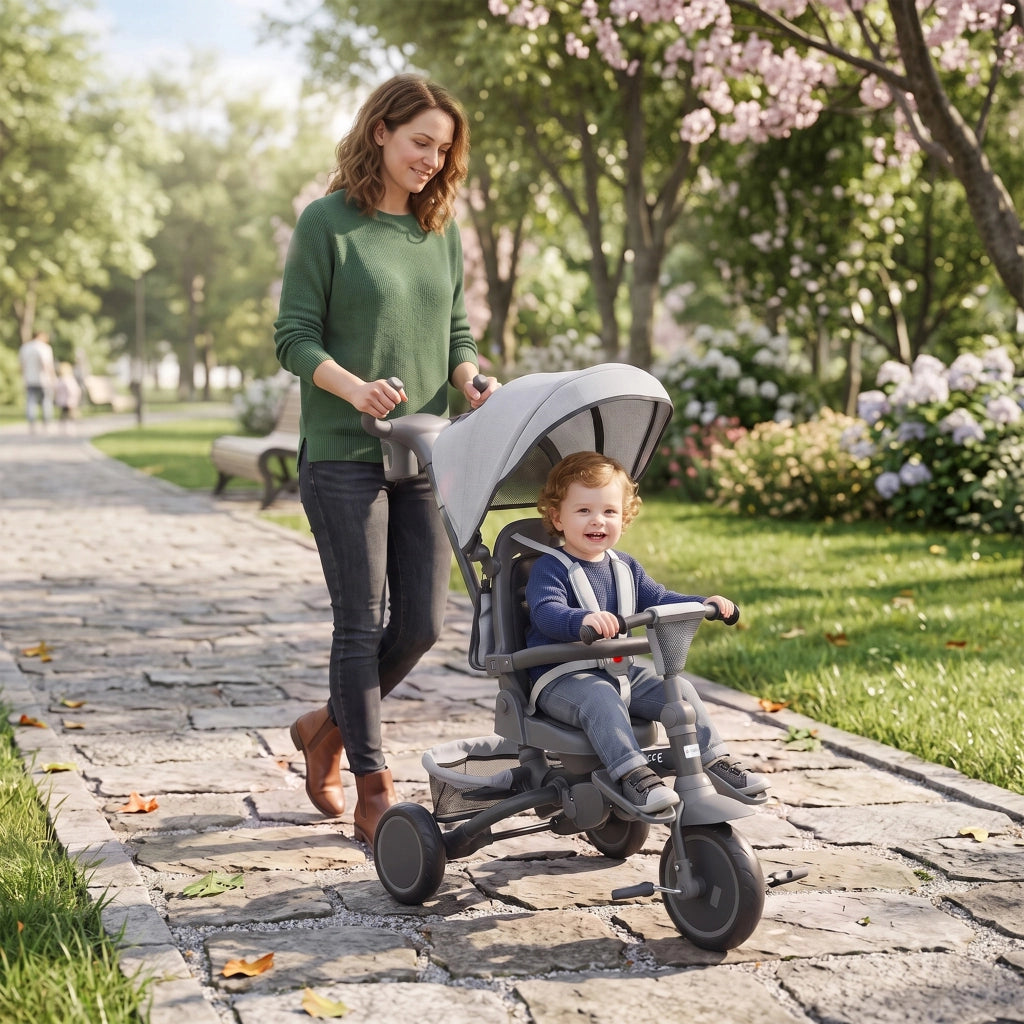 Triciclo per Bambini 6 in 1 con Maniglione di Spinta e Sedile Girevole 111,5x52x98 cm Grigio
