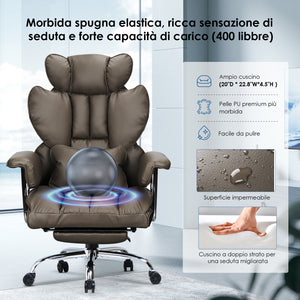 Sedia da Ufficio - RATTANTREE - Poltrona presidenziale - Sedia Girevole con Schienale Alto in Pelle, con Poggiatesta, Bracciolo e Poggiapiedi Retrattile - Marrone