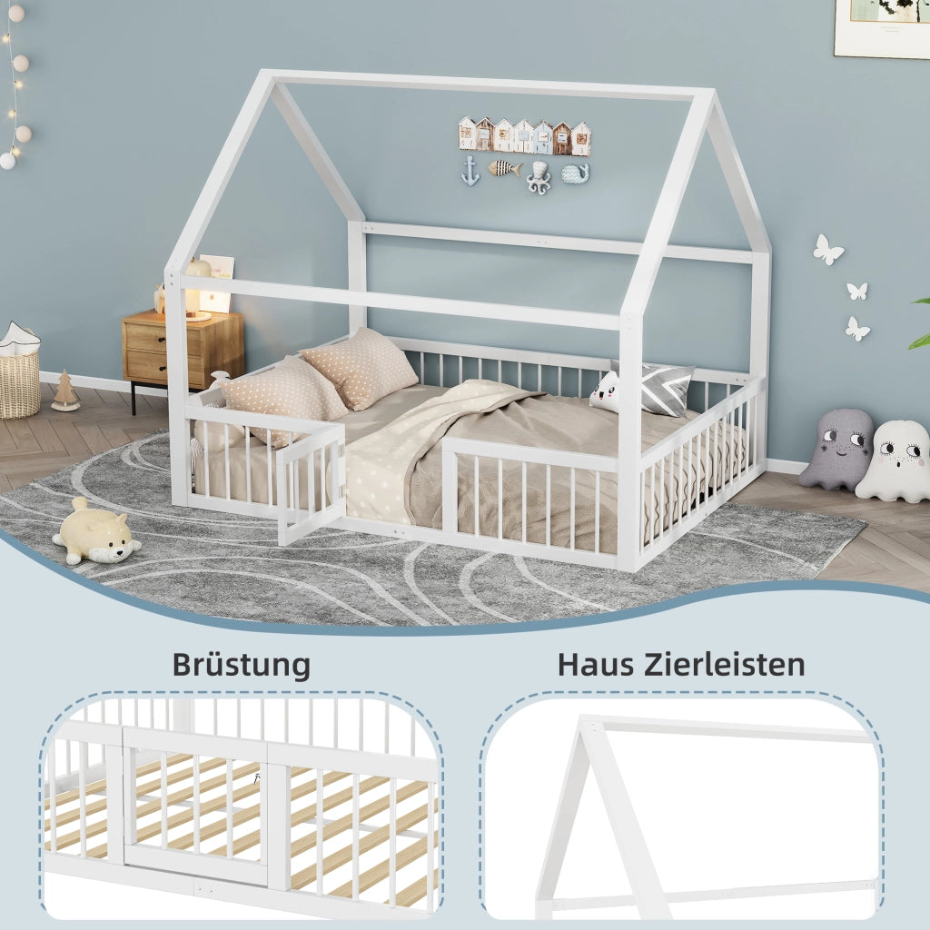 OKWISH Letto a casetta 140×200 cm, Letto Matrimoniale con Sponda di Sicurezza e Cancelletto, senza Materasso, in Metallo, Bianco