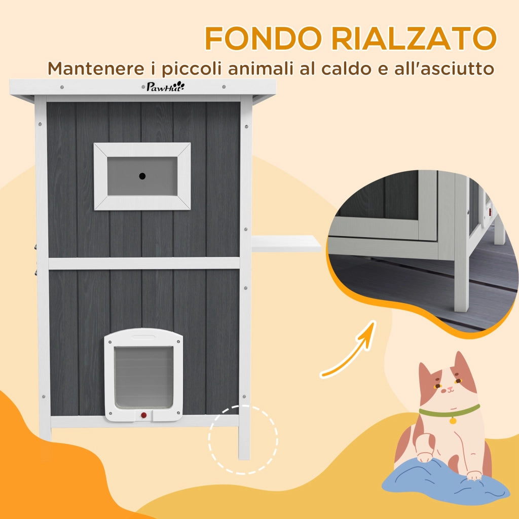 Cuccia per Gatti da Esterno in Legno a 2 Livelli con Tetto ¨C zephmum ¨C Grigio 60x60x90.5cm