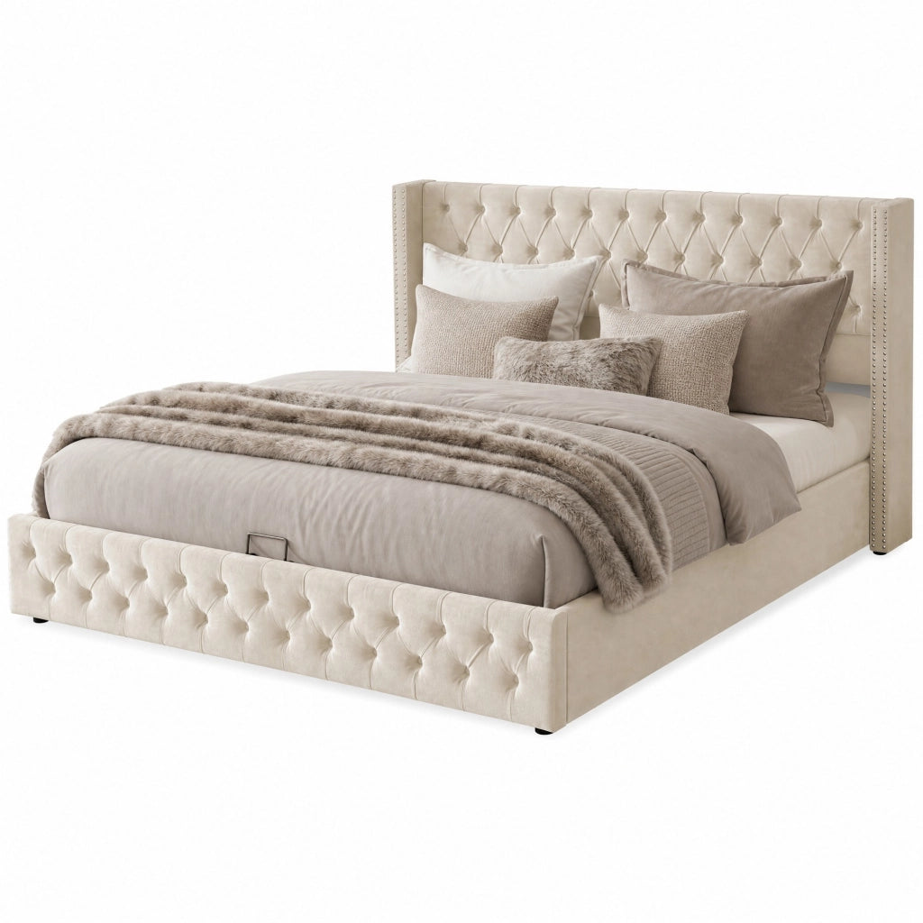 Letto matrimoniale contenitore 160x200 cm in velluto beige stile Chesterfield