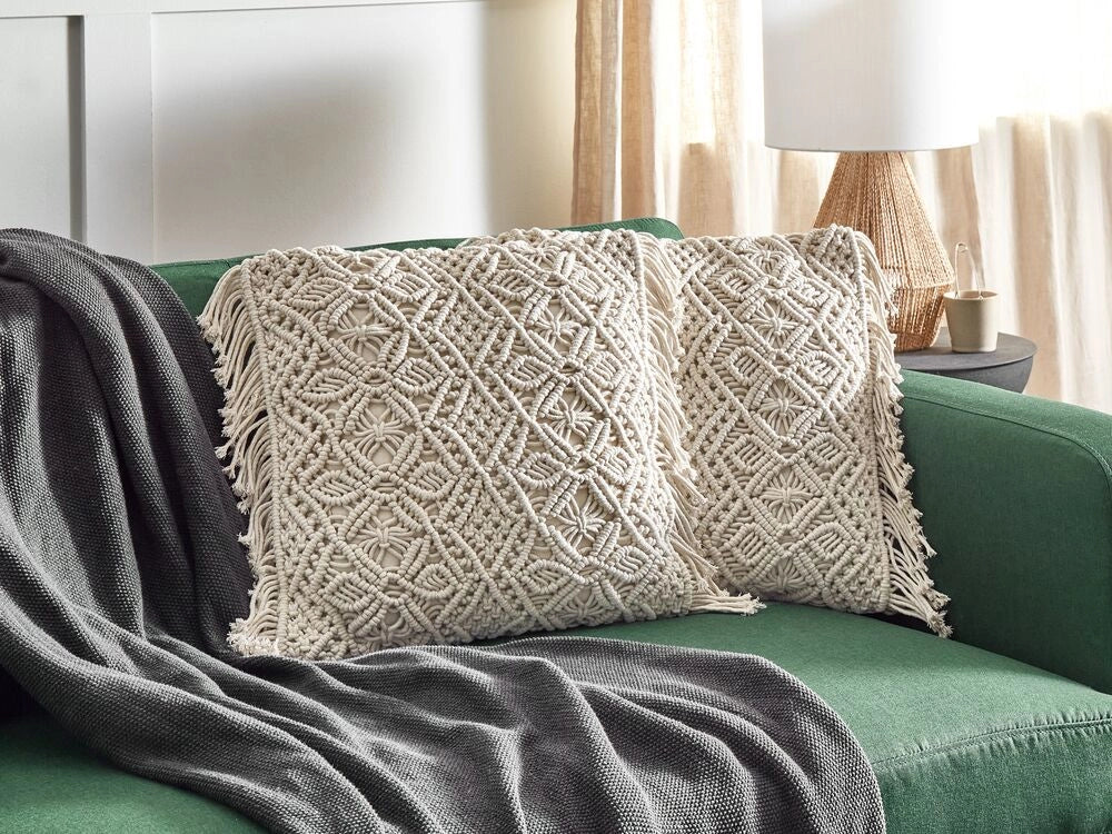 Set di 2 cuscini in cotone e macramè con frange e motivo intrecciato beige stile boho elegante salotto