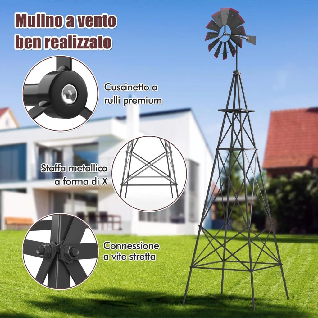 Mulino a Vento da Giardino Stile USA 245cm, Mulino a Vento con Cuscinetti a Sfera, Girandola, Sculture a Vento, Decorazione Esterno in Metallo per fattoria, giardino o parco (Grigio)