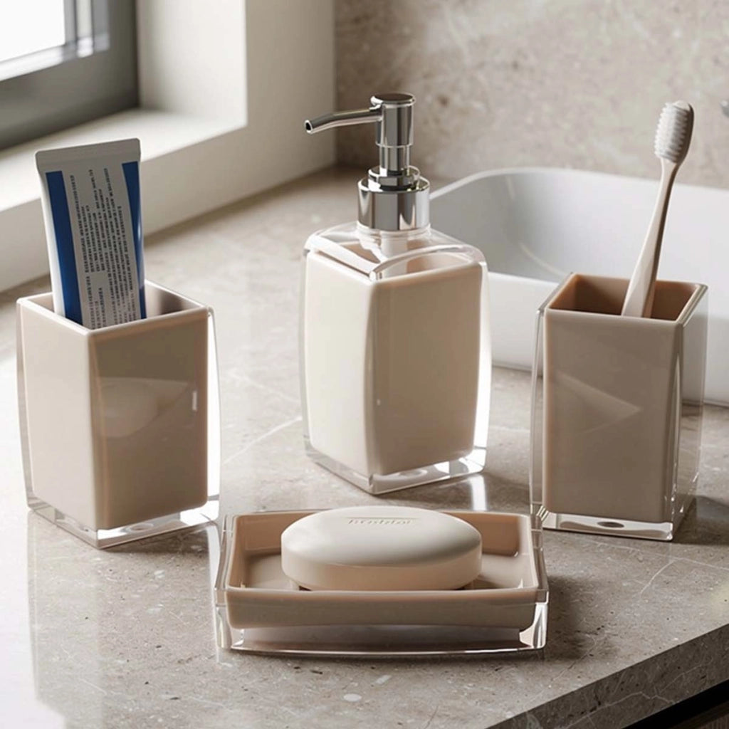 Set accessori Bagno 4 pezzi Dispenser di sapone, bicchiere e portasapone Beige Avizar