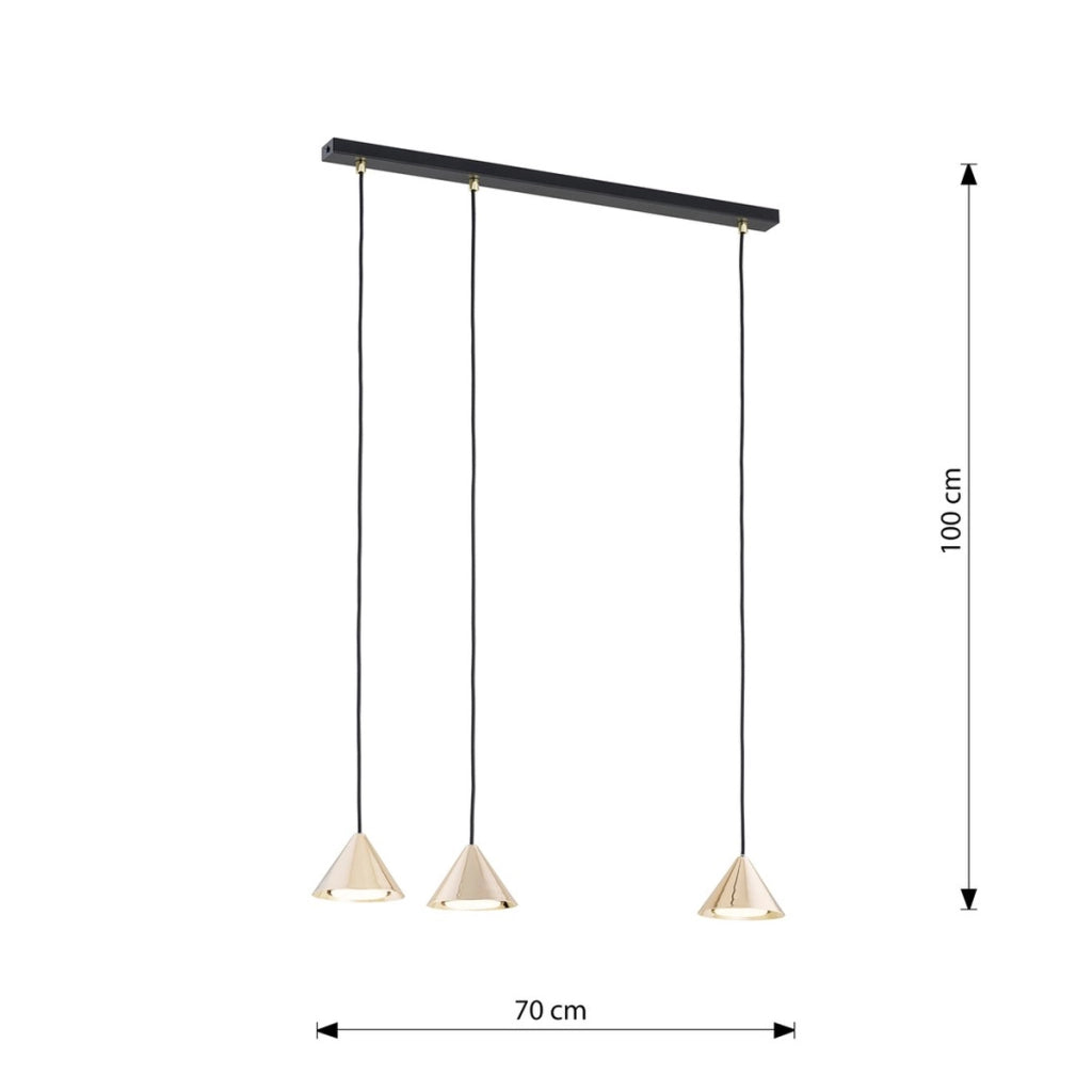 Lampada a sospensione ELIT con tre diffusori conici in oro
