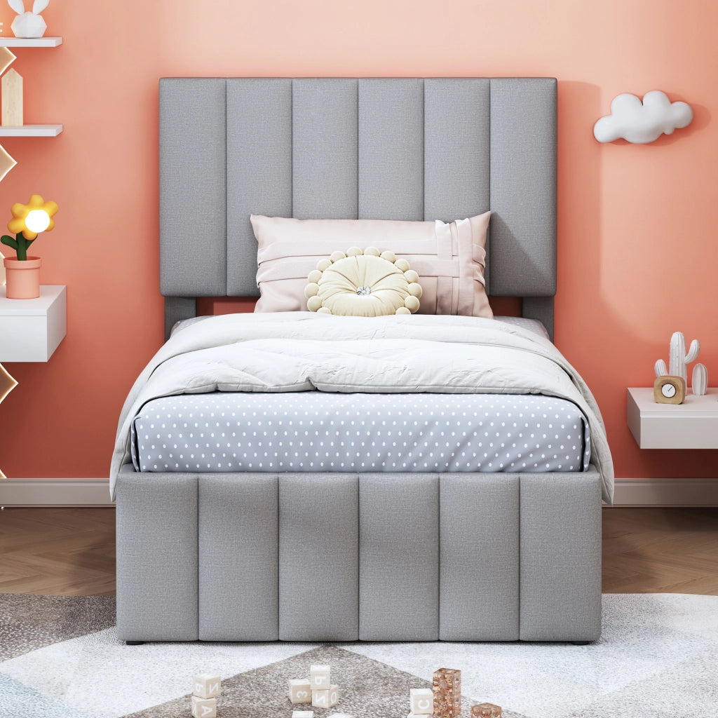 OKWISH Letto con Cassetti 90×200 cm, Letto Singolo con Letto Estraibile, 3 Cassetti e Testiera Regolabile, senza Materasso, Grigio