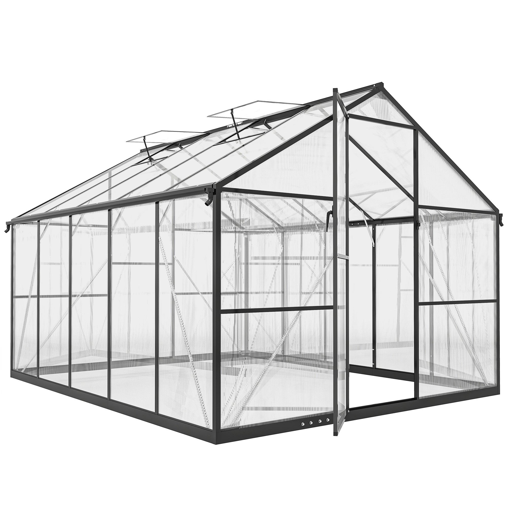 Serra per Orto 304x247x205 cm con Porta a Battente e 2 Finestre Regolabili in PC e Alluminio Nero