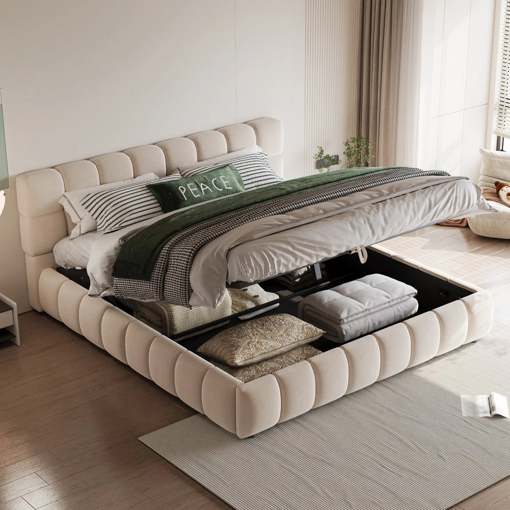 Letto Matrimoniale Imbottito Contenitore ¨C MINIMAL ¨C Velluto Beige 140x190 cm Idraulico