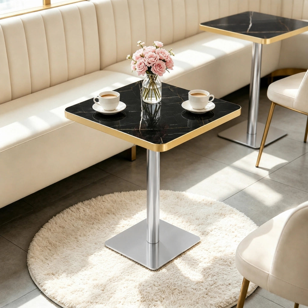Tavolo da pranzo quadrato per 2-4 persone con effetto marmo e bordo dorato, base in metallo, per cucina e bistrot, 60 × 60 × 74 cm