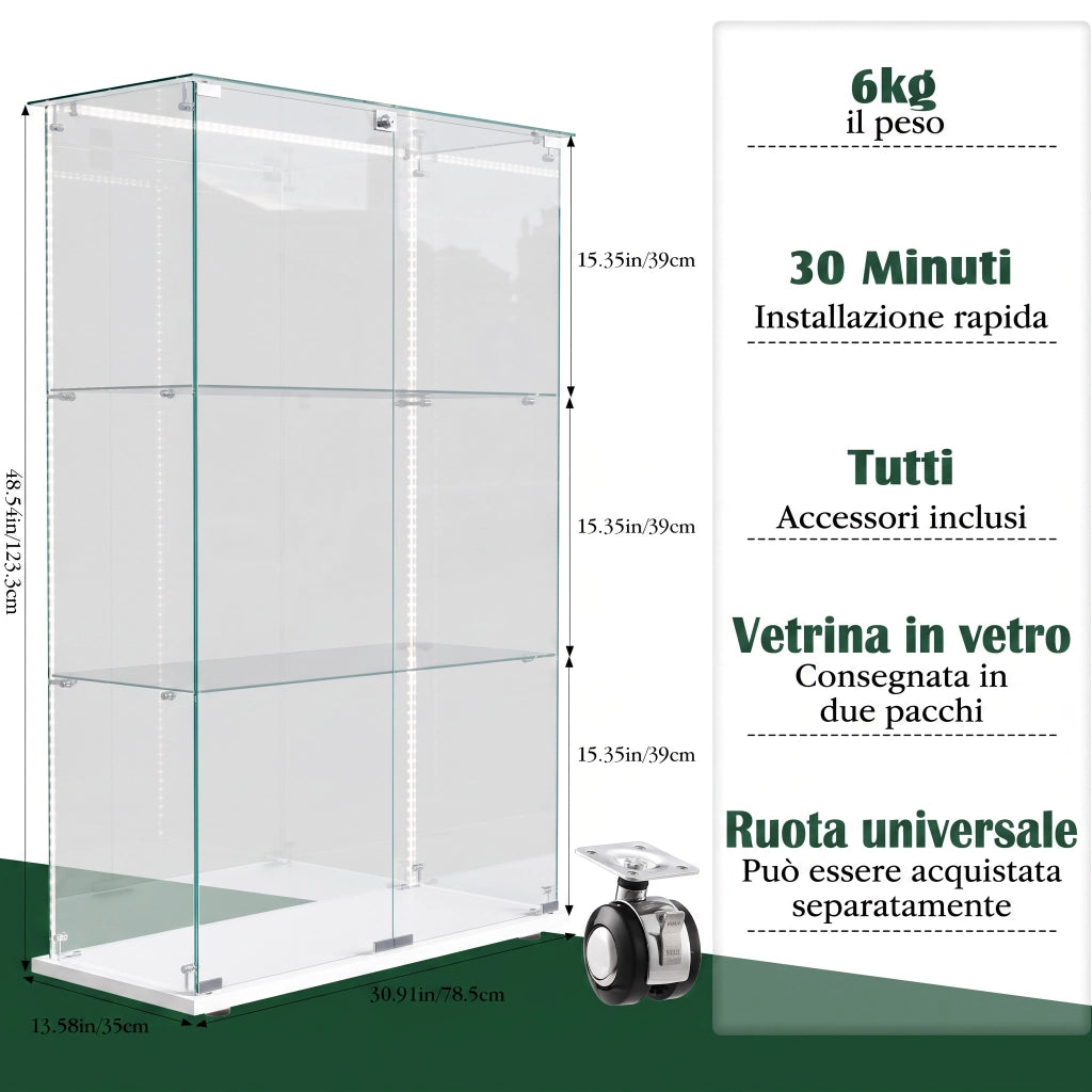 Vetrina espositiva in vetro temperato bianca con luci LED e serratura, 78,5x35x123,5cm, doppie ante per figurine e collezioni