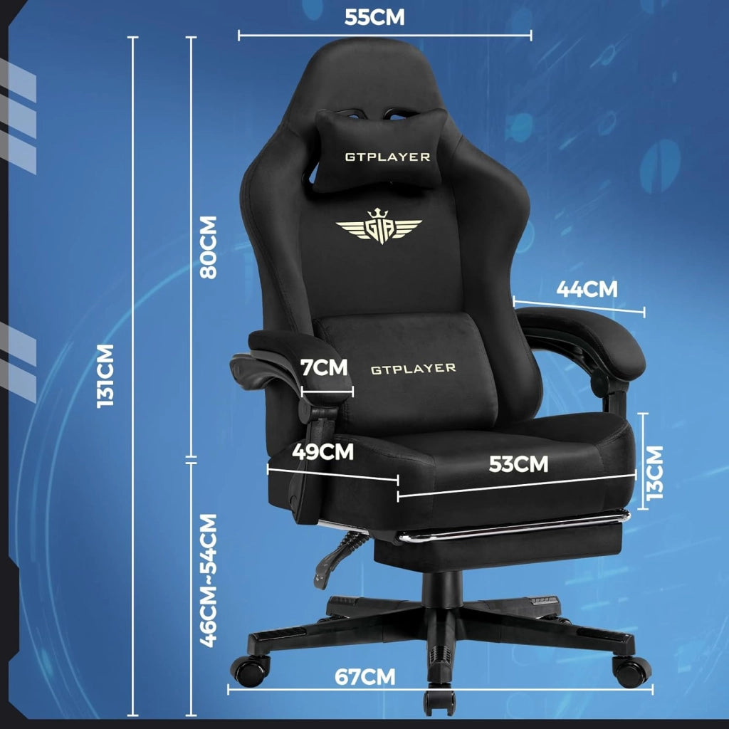 Sedia da gioco in tessuto,ergonomica per computer,con poggiapiedi e supporto lombare, regolabile in altezza,per casa e ufficio,con sedile girevole a 360° e poggiatesta,carico 180 kg (nero)