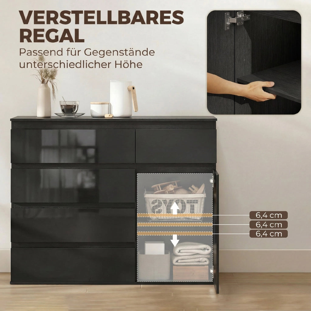 Cassettiera Moderna con 5 Cassetti, Ripiano Regolabile, Ante Soft-Close ¨C zephmum ¨C Nero Lucido