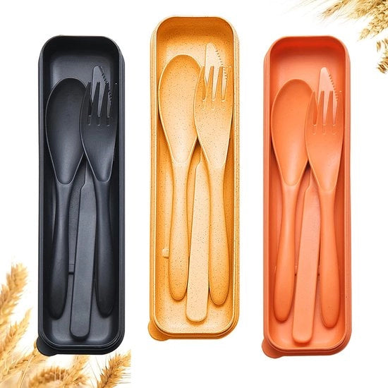 Set di utensili da viaggio riutilizzabile con valigetta, coperchio di tarro, coltello portatile, forchetta, cucchiai, posate, servizio da tavola ecológico in plastica BPA-free per bambini e adulti, viaggi, picnic, campeggio