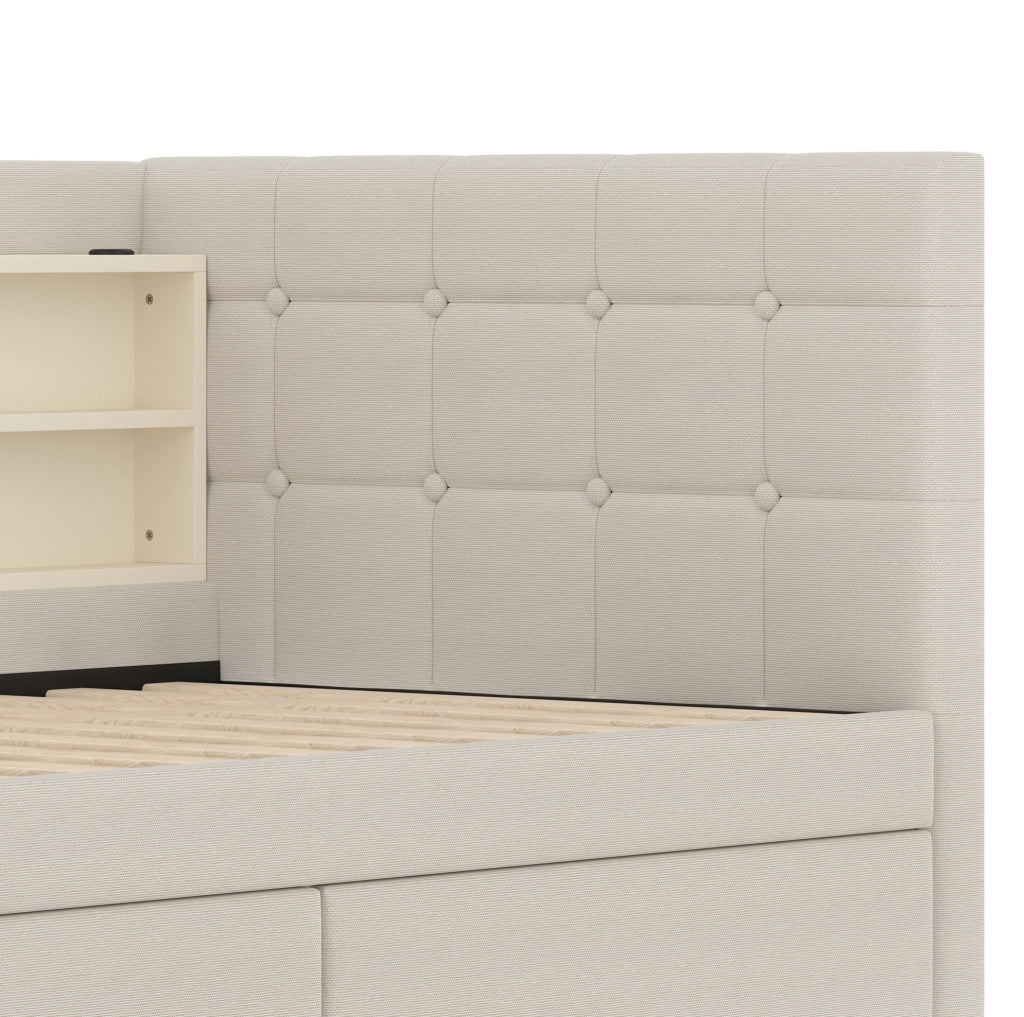 Letto daybed 90x200 cm in lino beige con 2 cassetti e porte USB